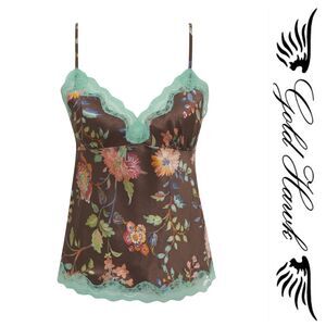 NEW Gold Hawk 100% Silk Floral Sparkle Lace Embellished Cami in Tawny Brown Sz S